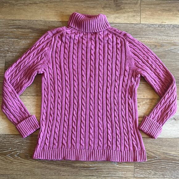 LL Bean Sweater Womens L Chunky Cable Knit Turtleneck Mauve Fisherman Preppy Ski - Picture 2 of 4